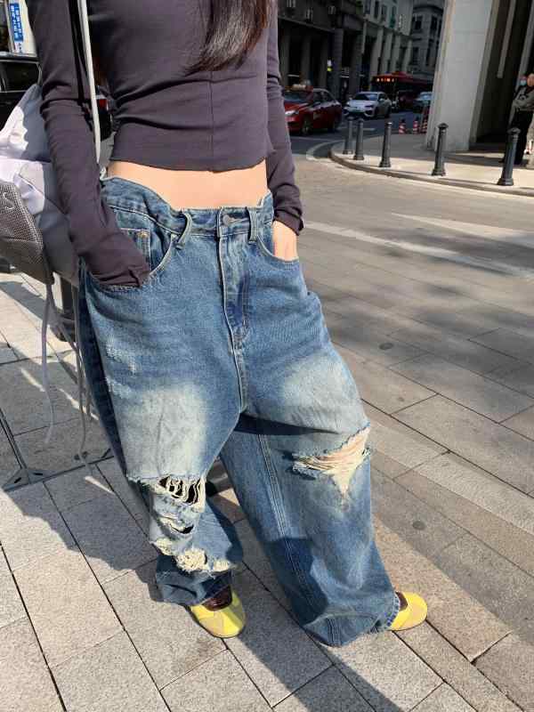 レディース ワイドレッグ デニムパンツ ストリート ディストレス 破れ パッチ フレイジング コットン 素材 カジュアル スタイル 普段使い 軽量 伸縮性