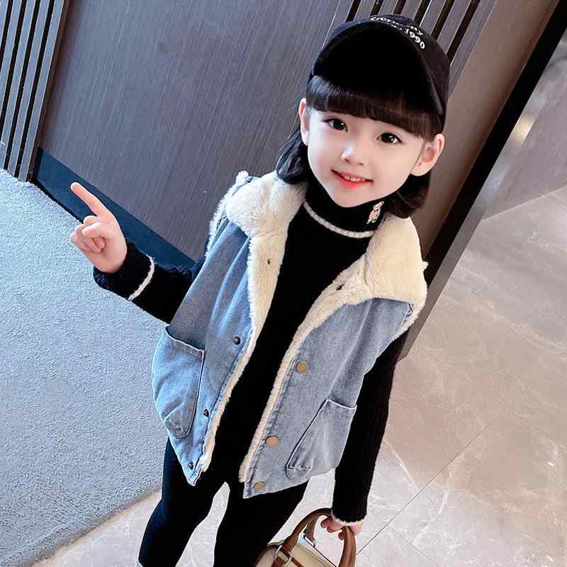 キッズ 女の子 冬用 デニム ベスト 厚手 暖か 加工 カートゥーン 柄 かわいい スタイル 日常使い 軽量 伸縮性