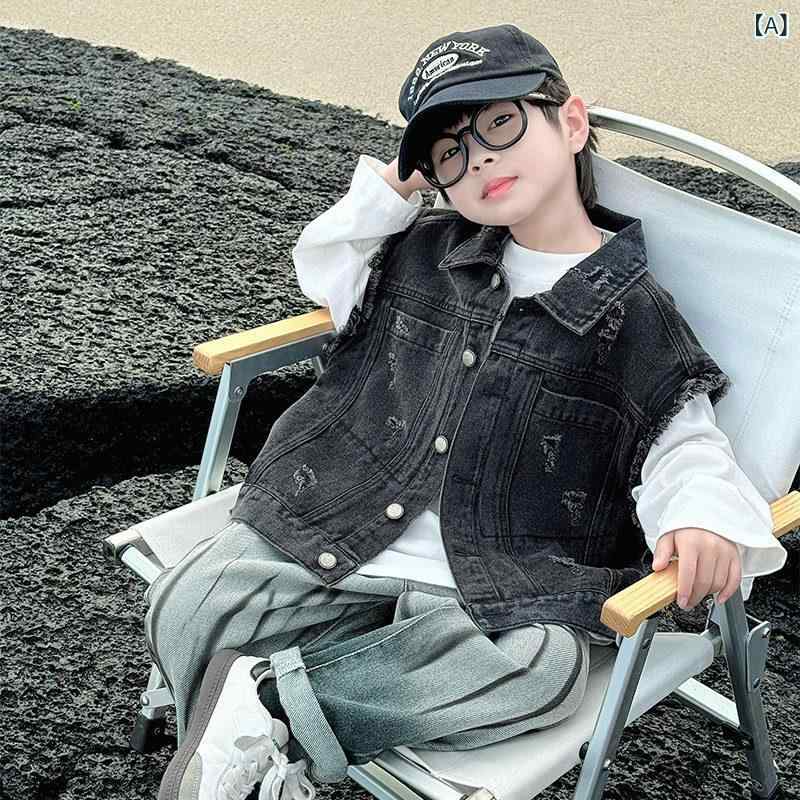 男の子 デニム 無袖 ベスト 春秋 アウター 子供服 コットン混 軽量 カジュアル 普...