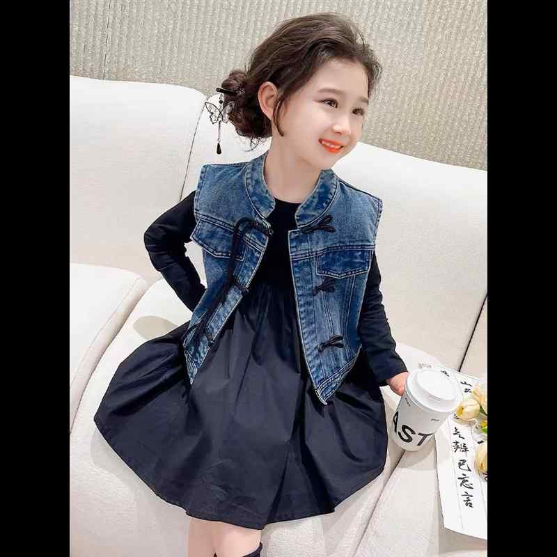 Other - 女の子 春秋 中国風 デニム 袖なし ベスト ブラック ワンピース セット カジュアル 普段使い 伸縮性 素材