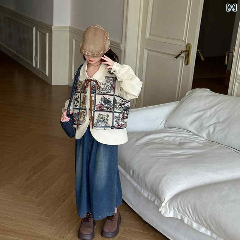 女児用 国風 ベスト セット 春秋 中国風 トップス 女の子 コーディネート 軽量 伸...