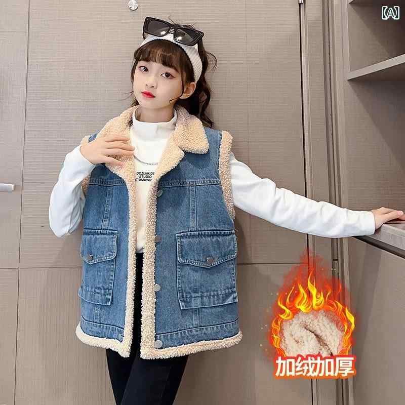 女の子用 デニム ベスト 秋冬 厚手 フリース 暖か キッズ ジレ 中大サイズ 牛仔素...
