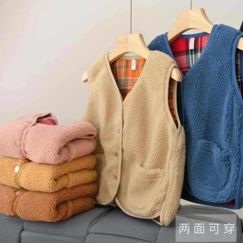 ベスト 子供用 秋冬 リバーシブル チェック柄 綿 羊毛風 保温 暖か ジュニア 中学生 通学 アウトドア コットン フランネル風 軽量