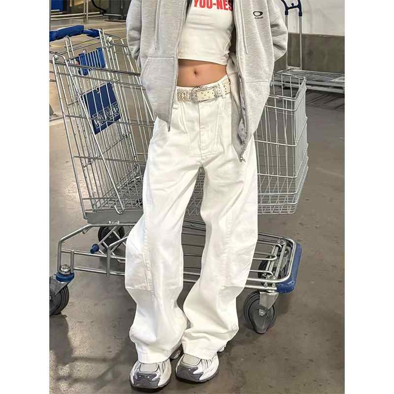 デニムパンツ ユニセックス レトロ ホワイト プリーツ ワイドレッグ カジュアル ストリート 普段使い コットン デニム ゆったり シルエット ビンテージ スタイル