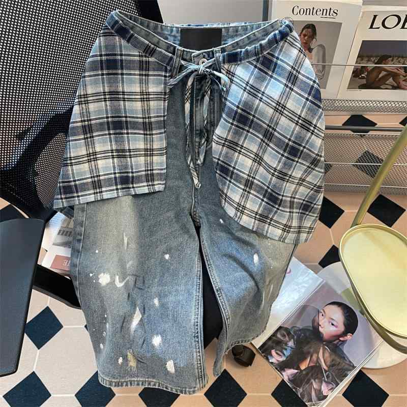 ショートパンツ レディース デニム 七分丈 ゆったり リラックス シルエット アメリカンスタイル スプラッシュ柄 チェック柄 スカート風..