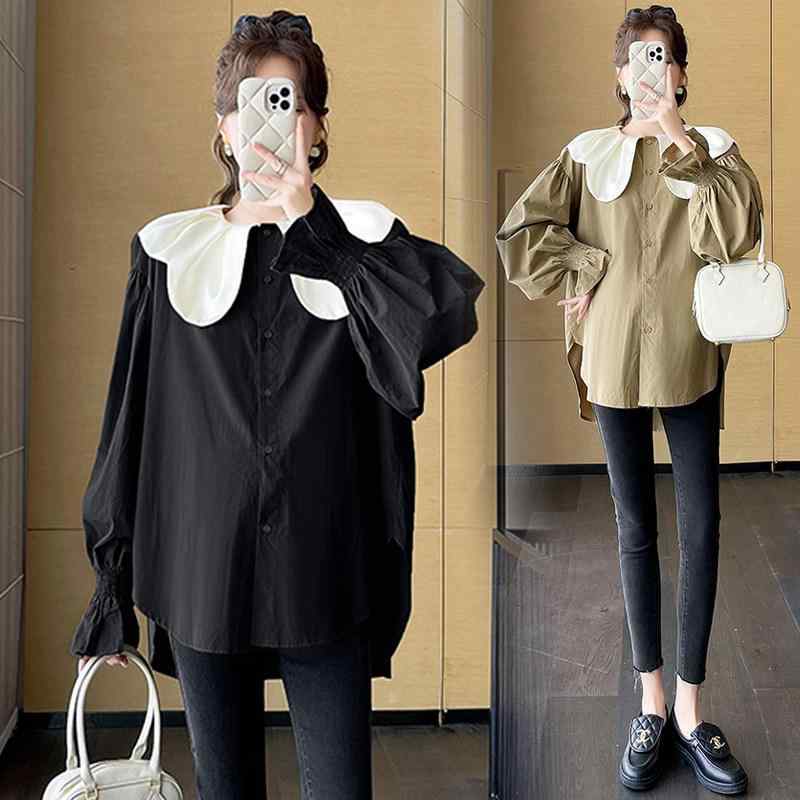 Long-Sleeved - マタニティ シャツドレス 春秋 ドールカラー ゆったり スリム 効果 若見え 万能コーデ おしゃれママ 妊婦トップス スカート 普段使い 軽量 伸縮性