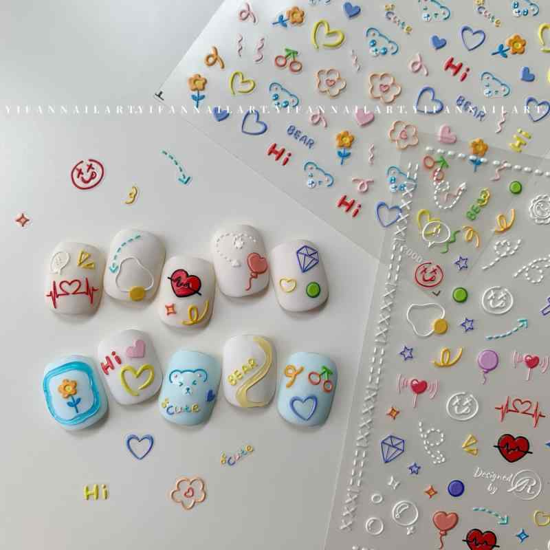 ネイル ステッカー 夏 かわいい 小熊 落書き 抽象 線条 カラフル 浮き彫り 立体 シール ベアー 柄 アー..
