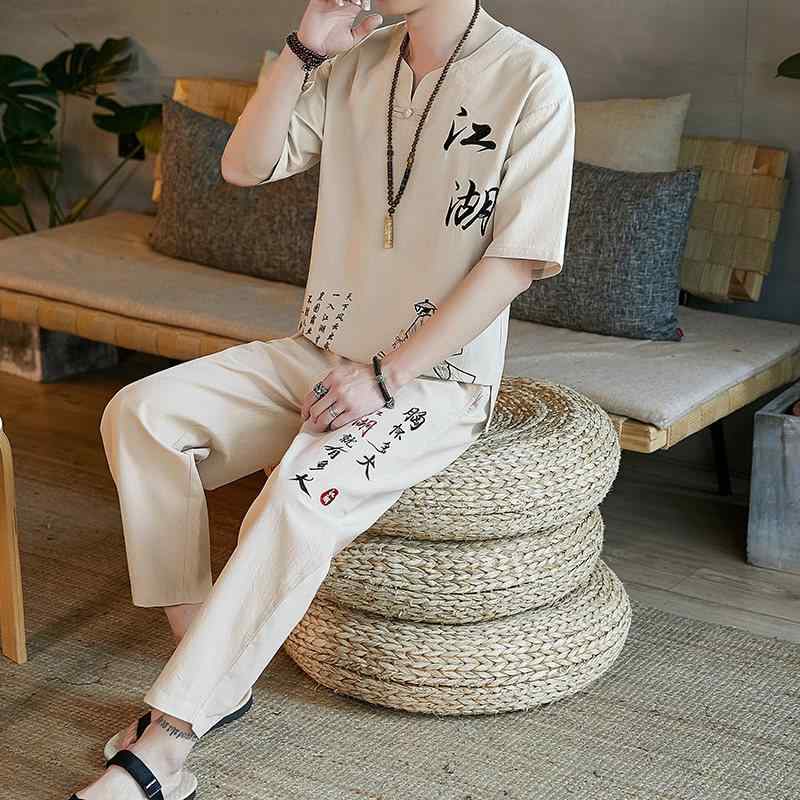メンズ 漢服 短袖Tシャツ 夏用 綿麻素材 薄手 復古 大きめサイズ 唐風 中国風 セット トップス 軽量 吸湿速乾 ゆったりシルエット・カテゴリ: Tシャツ&amp;カプリパンツ・スタイル: ストリートカジュアル・主な素材: 綿100%・ネックライン: Vネック・袖丈: 短袖・柄: 民族風・カラー展開: カーキ.ライトグレー.ダークグレー.ブラック.ホワイト・サイズ展開: M.L.XL.2XL.3XL.4XL.5XL.6XL.7XL・シルエット: ゆったり・ディテール: 刺繍・加工: ウォッシュ・生地厚: 薄手・対象: 若者・機能: 防シワ・プリントテーマ: 中国文化