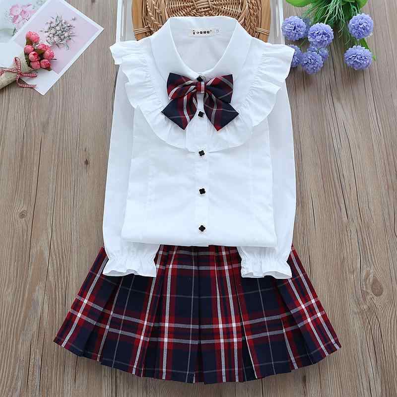 女の子 春夏 学院風 セットアップ 白 シャツ チェック柄 短スカート 学生服 スタイル かわいい カジュアル 通学用
