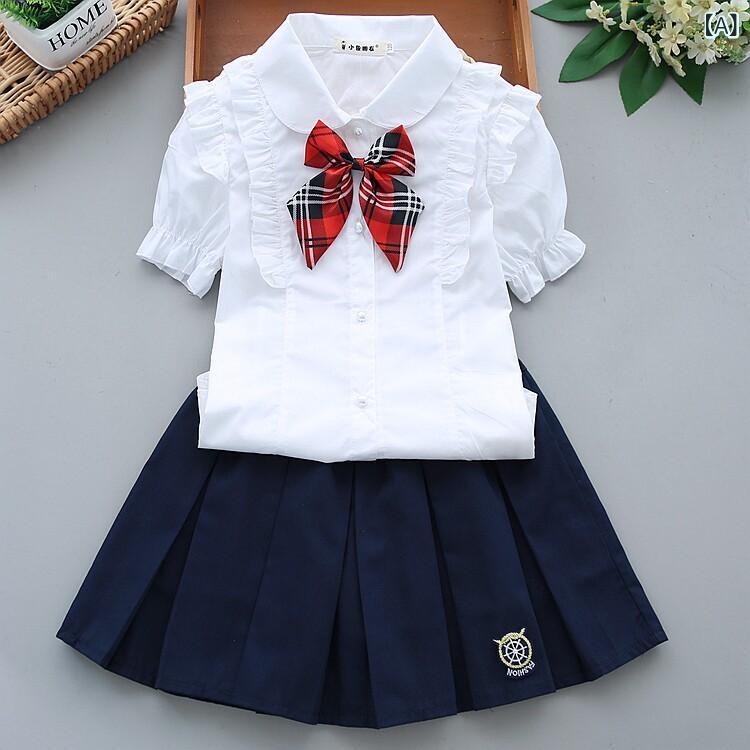 リバーパディのキッズ 女の子 小学生 夏 制服 セット 短袖 ブラウス 白 コットン ハーフスカート 薄手 通学用 吸湿速乾 軽量｜アングル2