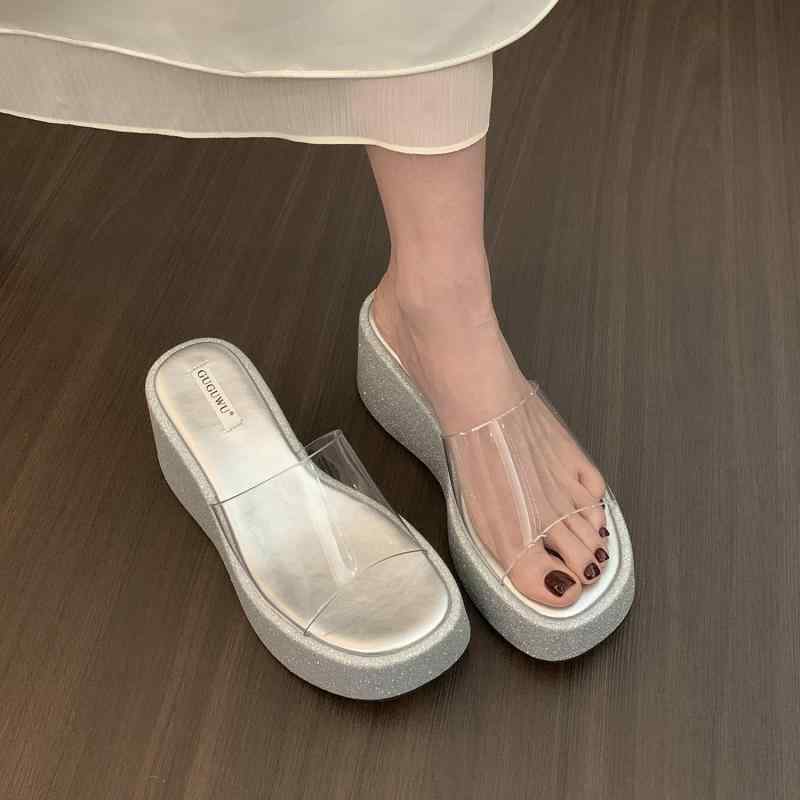 レディース 夏用 厚底 ウェッジヒール 透明ストラップ サンダル クリア 素材 かわいい フェミニン スタイル 外出用 軽量 伸縮性 吸湿速乾 ビッグシルエット