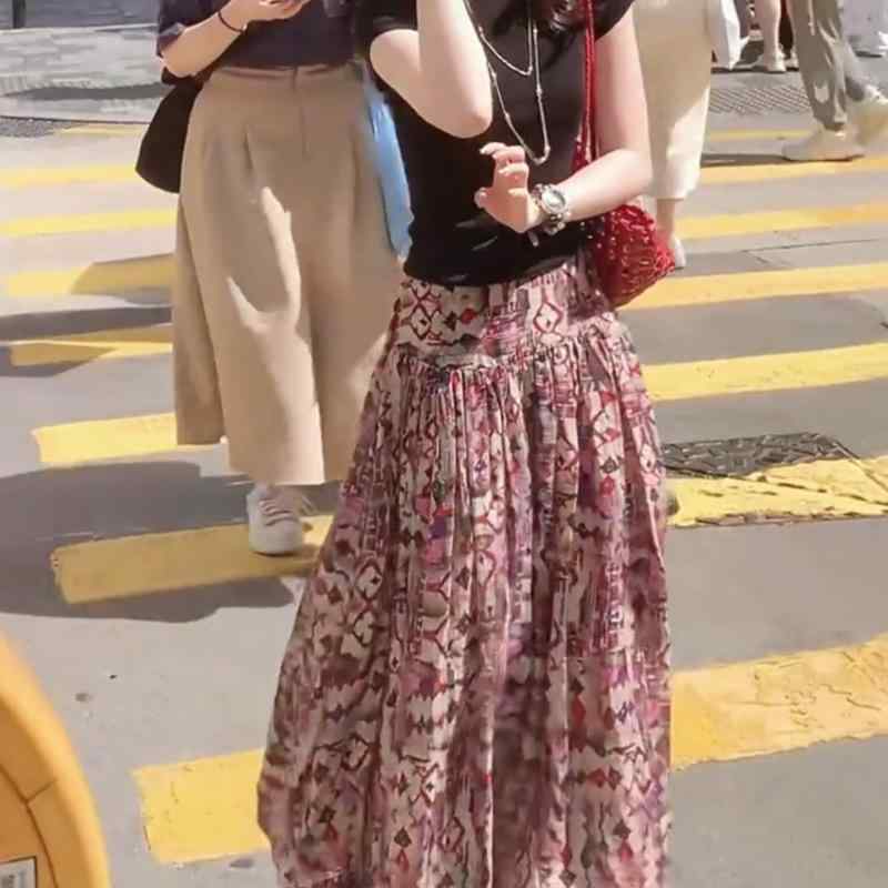 スカート レディース ミディ丈 夏用 花柄 フレンチスタイル 高級感 復古ロマンチック 軽やか 百搭 減齢 軽量 コットン混 膝下丈 フェミニン ガーリー 日常使い