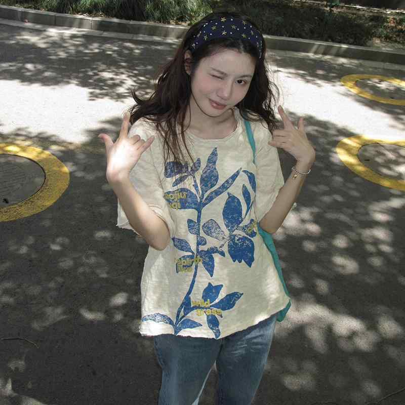 乐天商城 - レディース 夏 短袖 Tシャツ ゆったり レトロ プリント スリム見え ラフ カジュアル トップス ビッグシルエット 普段使い