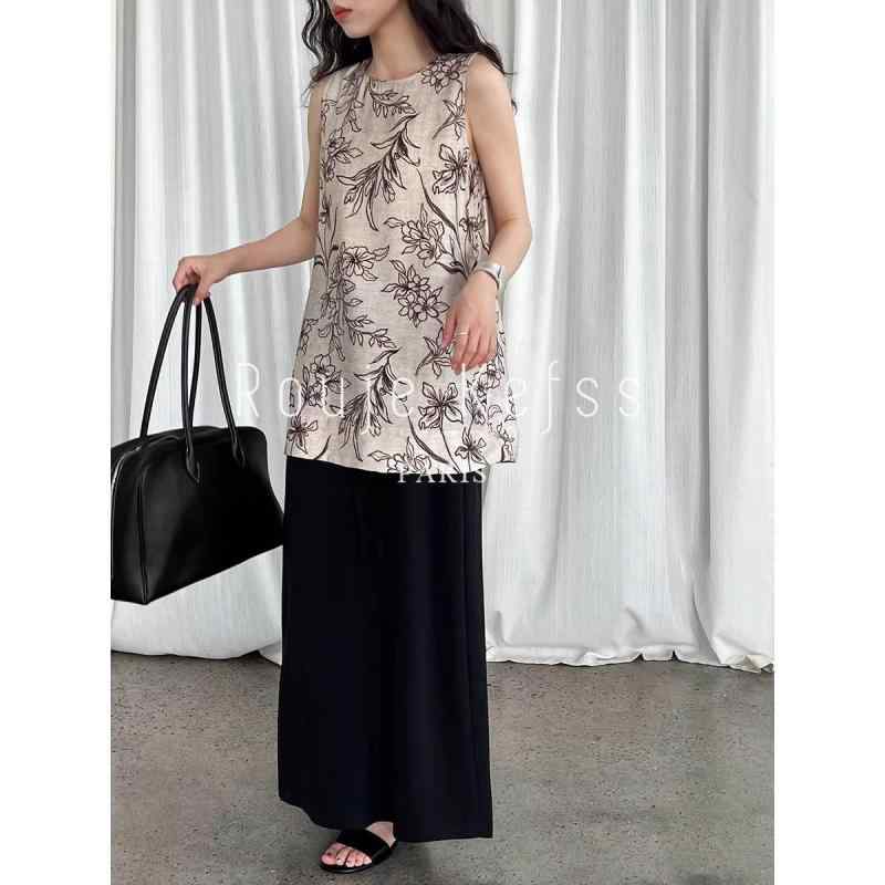 レディース 夏用 ノースリーブ キャミソール ブラウス 綿麻 花柄 プリント レトロ ビンテージ ユニーク トップス インナー 軽量 涼しい スタイル