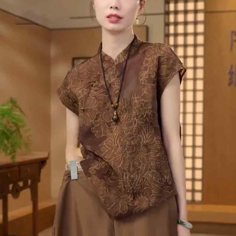 レディース 茶色 立襟 短袖 トップス チャイナ風 レトロ 盤ボタン 上品 ゆったり 夏用 普段使い 軽量 コットン混 ビッグシルエット Vネック風