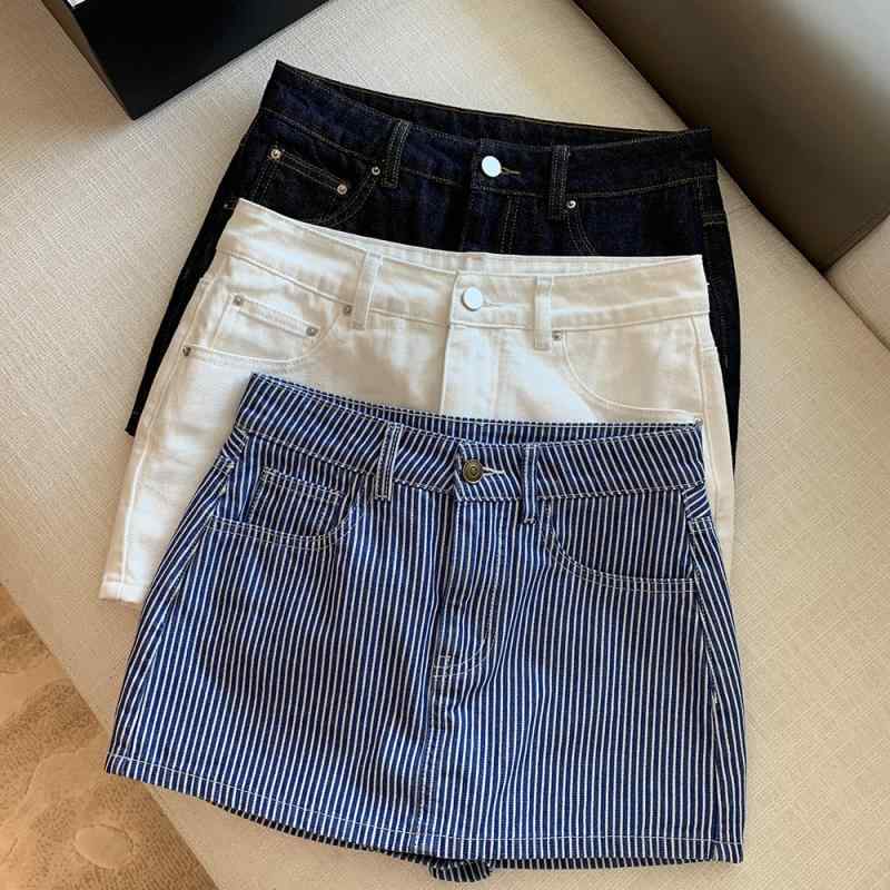 スカート レディース デニム Aライン ミディ 夏用 白 ブルー ストライプ 防透け スリム 普段使い カジュアル コーディネート 脚長効果 軽量 ストレッチ
