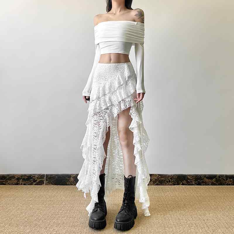 レディース スカート セクシー レース 切り替え フリル ハイウエスト スリムシルエット ハーフ丈 アシンメトリー 普段使い スタイリッシュ 女性用 軽量 伸縮性