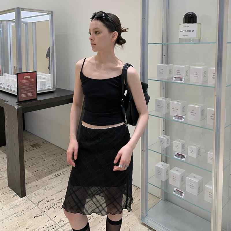スカート レディース 夏 チェック柄 レース 切り替え ローライウエスト ストレート ミディ丈 ブラック ヒップハグ レトロ 細見え 軽量 伸縮性
