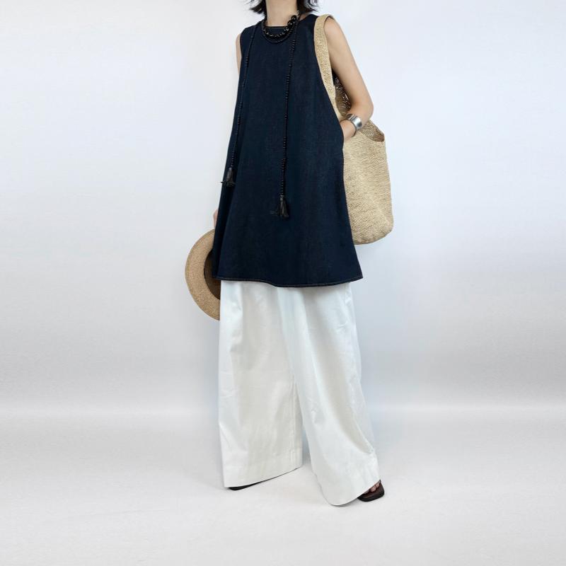 レディース デニム ノースリーブ タンクトップ スカート ロング ワイドレッグ パンツ セットアップ カジュアル 普段使い コットン 素材 ビッグシルエット