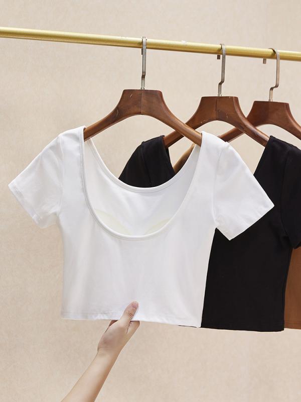 レディース クロップドTシャツ ブラ一体型 夏用 ショートスリーブ インナー アウター パッド付き ヨガウェア スポーツトップス 伸縮性 軽量 吸湿速乾 ビッグシルエット