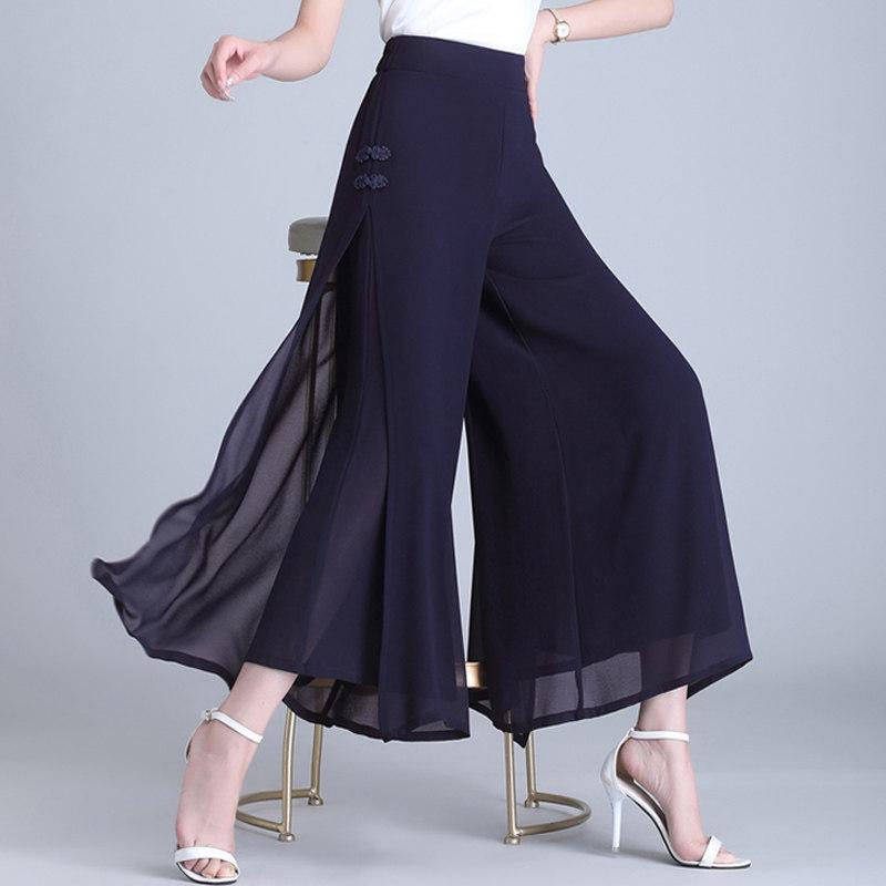 レディース ワイドパンツ 二重シフォン 夏用 薄手 スリット入り Aライン ハイウエスト ドレープ感 ロング丈 九分丈 通気性 軽量 女性用 普段使い 涼しい ゆったりシルエット・サイズ展開: M.L.XL.2XL.3XL.4XL・韓版・ウエスト高さ: 高腰・カラー展開: 黒.白.青.杏・丈: 七分.九分・厚み: 薄手・ディテール: ポケット・パンツ型: ワイドレッグ・素材: ポリエステル95%