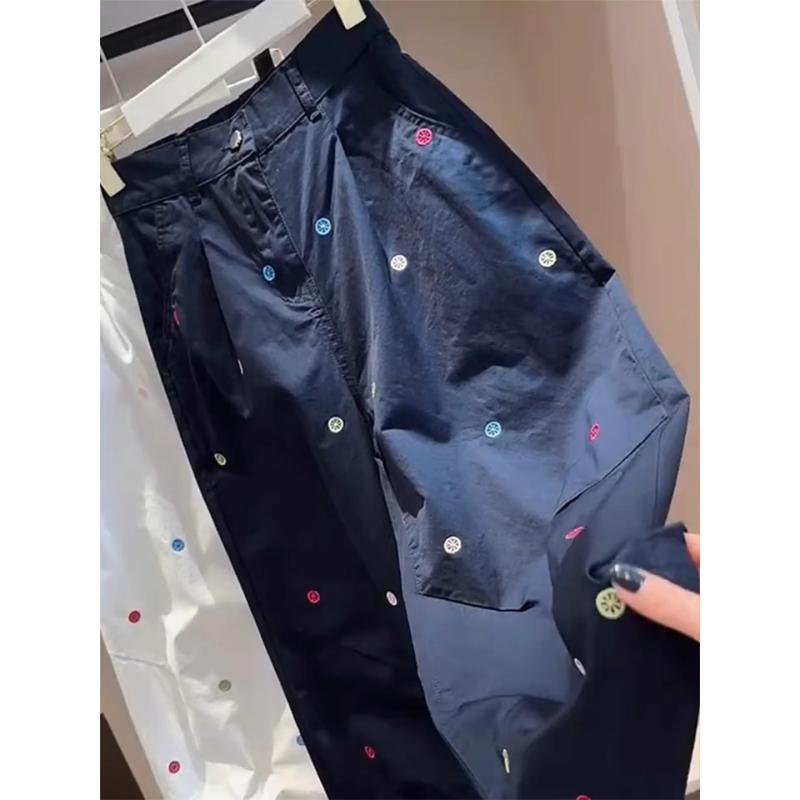 レディース 夏用 ワイドパンツ 刺繍 ポルカドット柄 ゆったりシルエット ハイウエスト 小柄対応 梨型ボディ向け カジュアル 9分丈 クロップド 普段使い 軽量 伸縮性