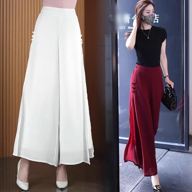 レディース スカートパンツ 夏用 ハイウエスト シフォン ワイドレッグ ゆったり 9分丈 紫色 ドレープ感 軽量 涼しい 普段使い ペティート対応