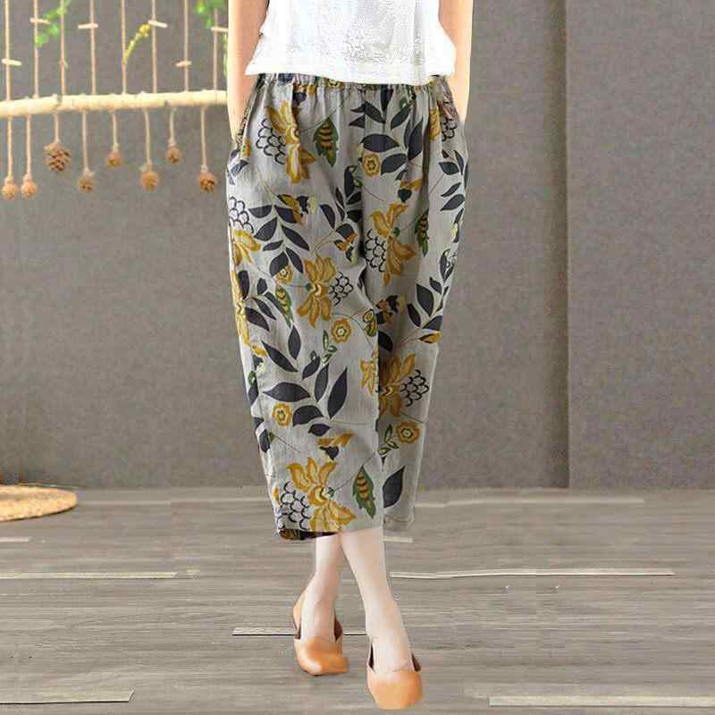 女性用 夏 パンツ コットンリネン ビッグサイズ 花柄 プリント クロップド 薄手 スリム効果 カジュアル 普段使い 軽量 伸縮性