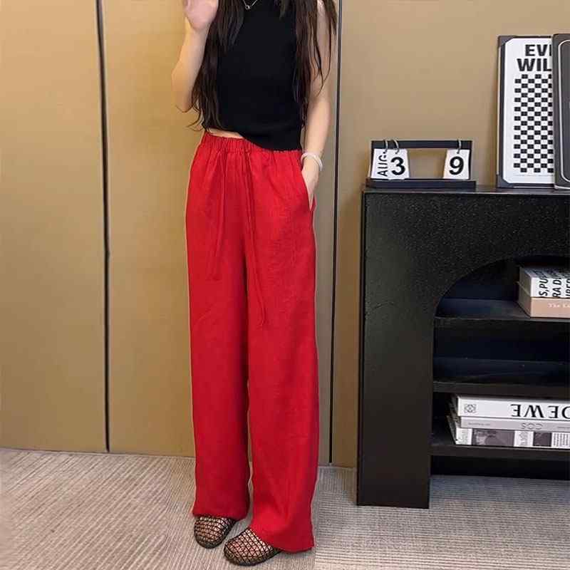レディース パンツ 夏 赤 紐付き ワイドレッグ ロング丈 綿麻 通気性 涼快 梨型ボディ 小柄対応 カジュアル 普段使い 軽量 伸縮性