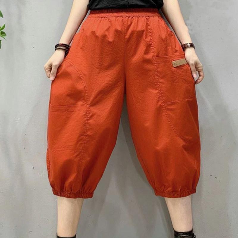 パンツ レディース 夏用 ゆったり 大きめサイズ 伸縮ウエスト 大ポケット 7分丈 カジュアル ファッション ママ向け 軽量 通勤 普段使い 吸湿速乾 コットン混 ワイドレッグ ビッグシルエット ブラック グレー