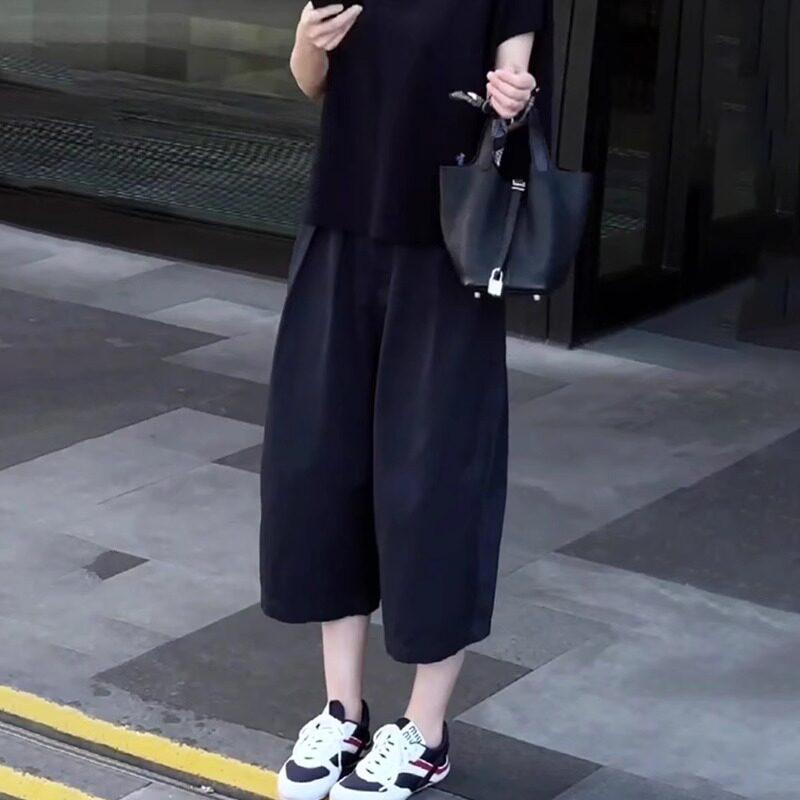 レディース ネイビー ハイウエスト ワイドレッグ パンツ 夏用 ゆったり スタイリッシュ クロップド丈 カジュアル 普段使い 軽量 伸縮性