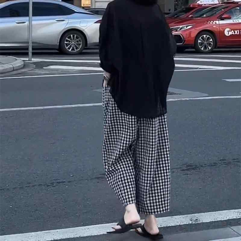 パンツ レディース ゆったり ハイウエスト ワイドレッグ 黒白チェック 大きめサイズ 小柄対応 カジュアル 普段使い ストレッチ コットン混 ビッグシルエット モノトーン