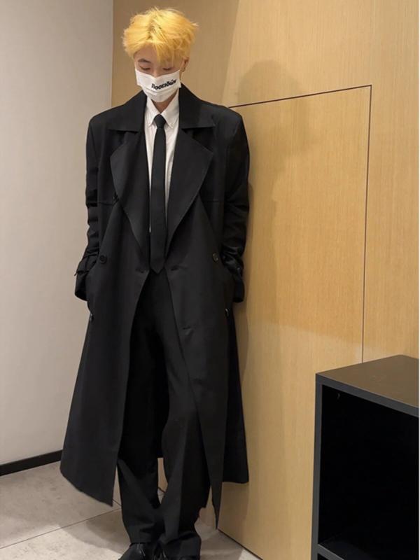 トレンチコート メンズ 英国風 中長丈 膝下丈 ブラック ダブルブレスト 春秋 アウター クラシックスタイル ロング丈 ウインドストッパー 通勤用 普段使い