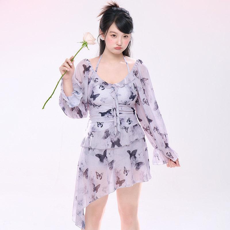 レディース 大きめ サイズ 長袖 UVカット ワンピース水着 スカートタイプ お腹カバー スリム効果 高級感 夏用 リゾート バカンス 速乾 伸縮性