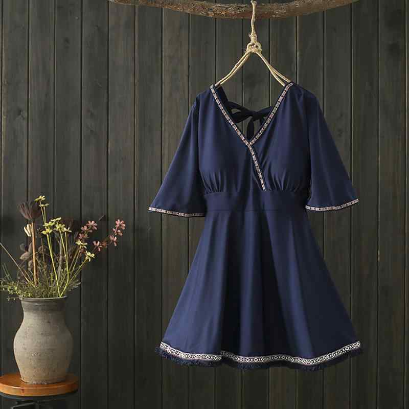 フリンジ｜レディース 水着 ゆったりシルエット 民族風 フリンジ ワンピース 短袖 温泉用 お...