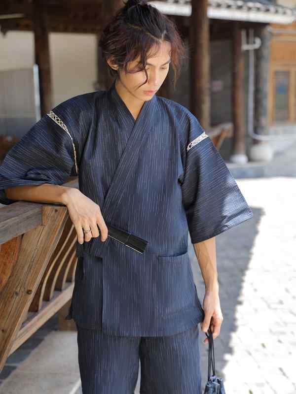 Female Yukatas - 浴衣 男性用 甚平 セット 短袖 ショーツ 綿麻 素材 ホームウェア パジャマ サウナ用 シンプル 軽量 吸湿速乾 通年使用