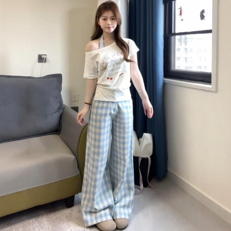 レディース 夏 オフショルダー 短袖 トップス チェック柄 ロングパンツ セット ゆ...