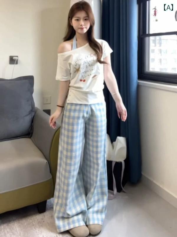 レディース 夏 オフショルダー 短袖 トップス チェック柄 ロングパンツ セット ゆ...