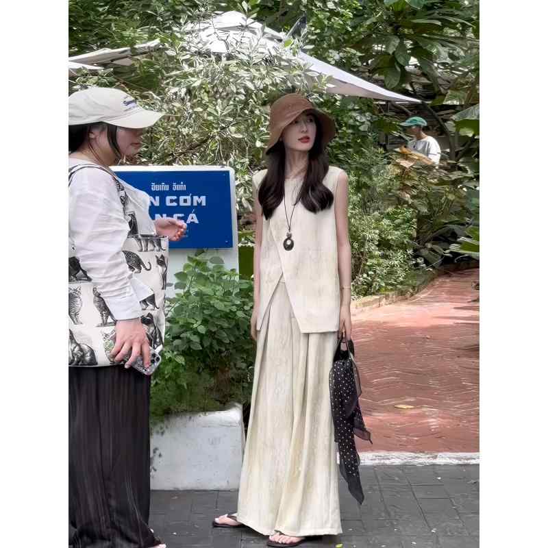 樂天商城 - レディース アシンメトリー リネン ベスト セット コットン リネン パンツ 夏用 ファッション 高級感 軽量 涼しい スタイリッシュ カジュアル 普段使い 吸湿速乾 通気性 好