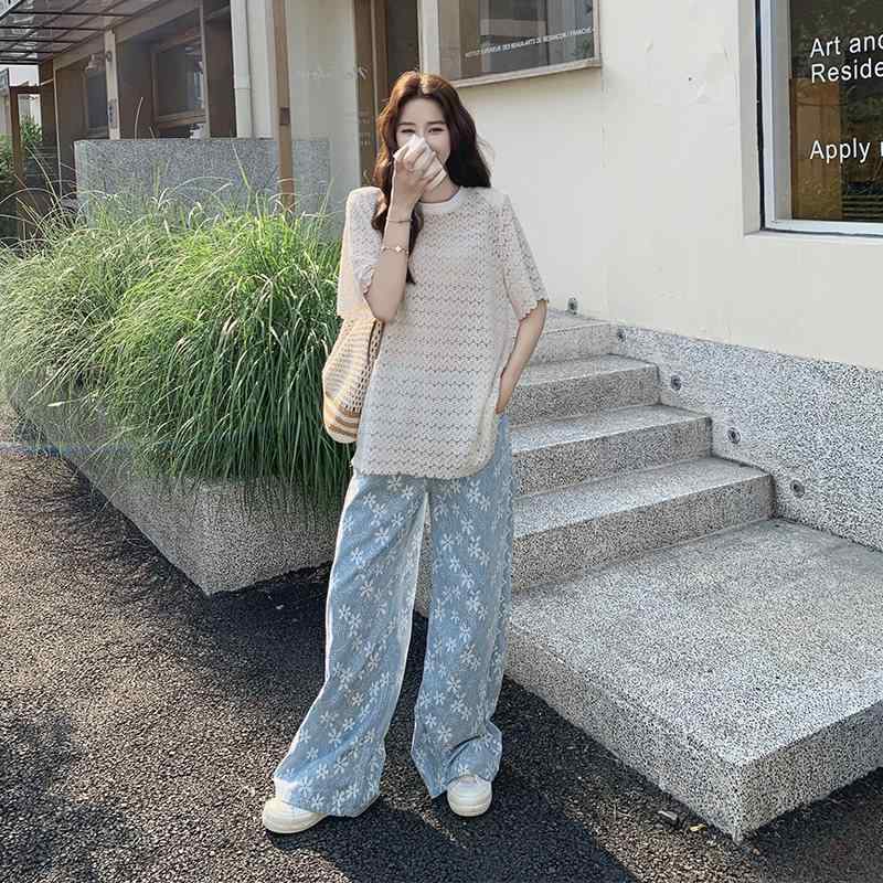 レディース 夏 レース 透け トップス 花柄 デニム ストレート ワイドパンツ 2ピース セット 韓国 ファッション 軽量 伸縮性