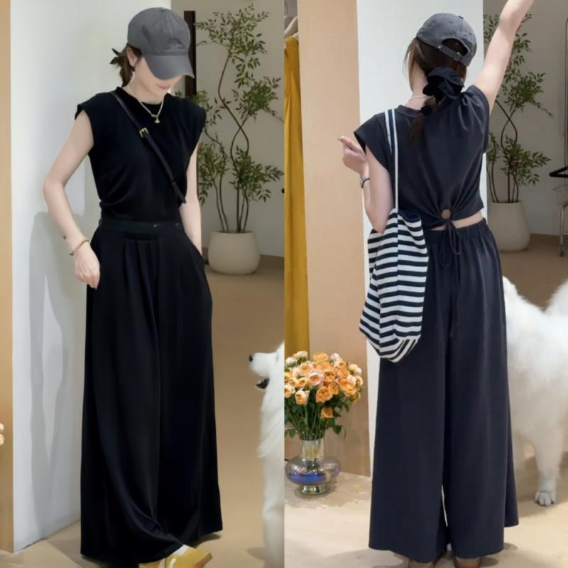 レディース 夏 韓国 ファッション カジュアル 短袖 トップス ワイドレッグ パンツ セットアップ 普段使い 軽やか スタイル