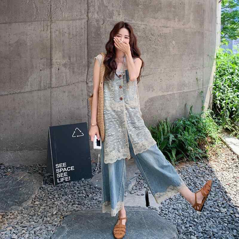 レディース 夏 レース キャミソール トップス デニム ワイドレッグパンツ カジュアル 2点セット 普段使い 軽量 伸縮性 吸湿速乾