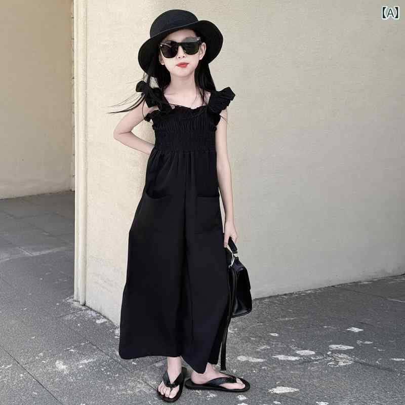 女の子用 夏用 薄手 ワイドレッグ サスペンダー オーバーオール ワーク風 カジュア...