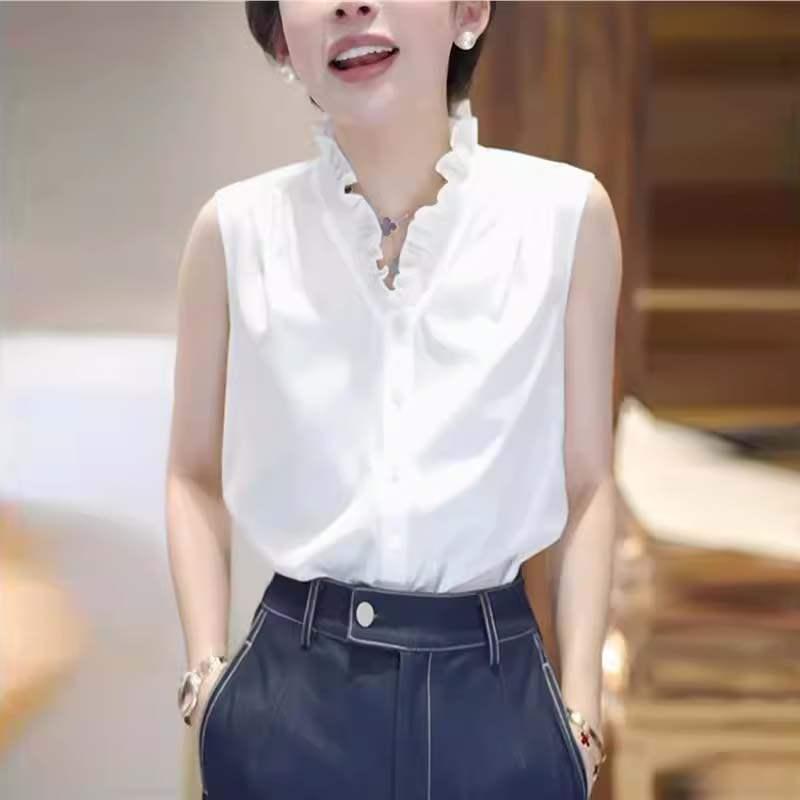 乐天商城 - レディース ノースリーブ Vネック ブラウス 夏用 フリルエッジ フランス風 高級感 スタイリッシュ かわいい カジュアル トップス 日常使い 軽量 伸縮性