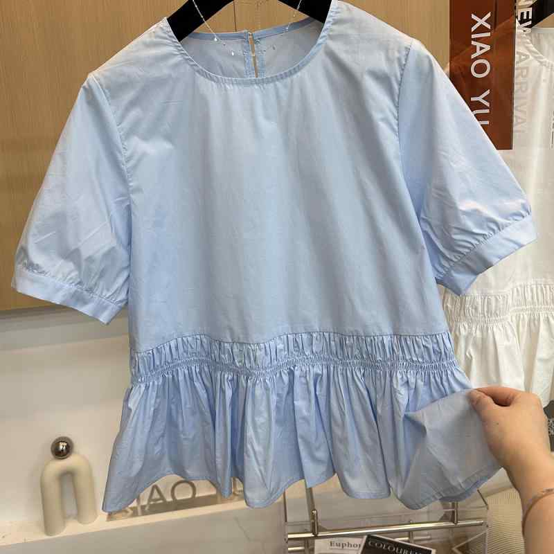 レディース シャツ 夏用 短袖 ラウンドネック プリーツ フリル裾 個性的 高級感 トップス ブラウス カジュアル 日常使い 軽量素材 伸縮性 riverpaddy-10973046 リバーパディ パッケージ画像