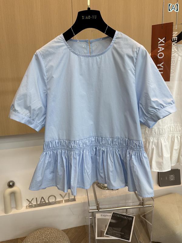 レディース シャツ 夏用 短袖 ラウンドネック プリーツ フリル裾 個性的 高級感 トップス ブラウス カジュアル 日常使い 軽量素材 伸縮性 riverpaddy-10973046 リバーパディ サンプル画像2