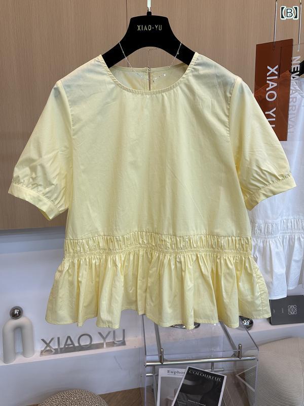 レディース シャツ 夏用 短袖 ラウンドネック プリーツ フリル裾 個性的 高級感 トップス ブラウス カジュアル 日常使い 軽量素材 伸縮性 riverpaddy-10973046 リバーパディ サンプル画像3
