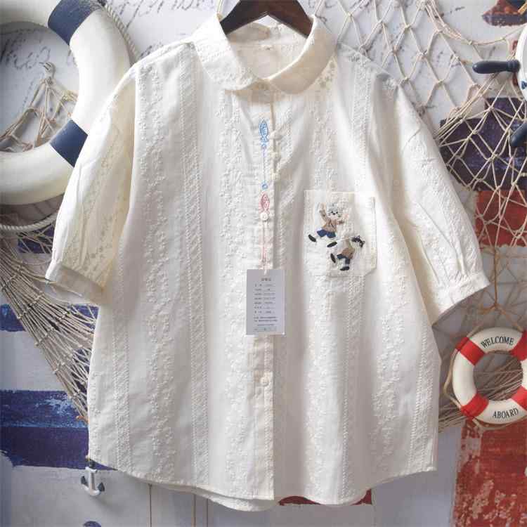 ブラウス レディース 短袖 ピーターパンカラー 前短後長 小柄対応 花蔓刺繍 麦穂 かわいい トップス ソフト素材 日常使い 軽量 伸縮性