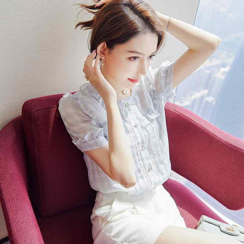 夏 レディース フリル シフォン ブラウス チェック柄 かわいい フェミニン 軽やか 涼しい 日常使い ソフト 素材 透け感 控えめ