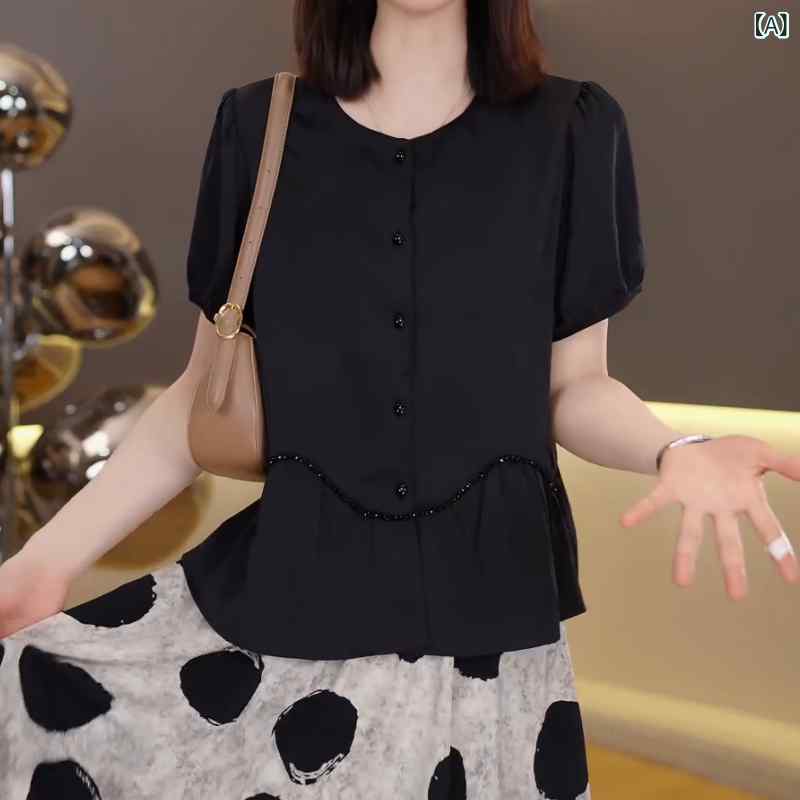 レディース ブラウス ビッグサイズ 高級感 切り替え フリル 半袖 丸首 夏用 スリム効果 ゆったり トップス 普段使い カジュアル ファッション riverpaddy-11588655 リバーパディ サンプル画像2